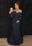 Elastic Satin Prom Dresses Sheath Column Off The Shoulder Court Train With Lace