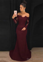 Elastic Satin Prom Dresses Sheath Column Off The Shoulder Court Train With Lace