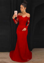 Elastic Satin Prom Dresses Sheath Column Off The Shoulder Court Train With Lace