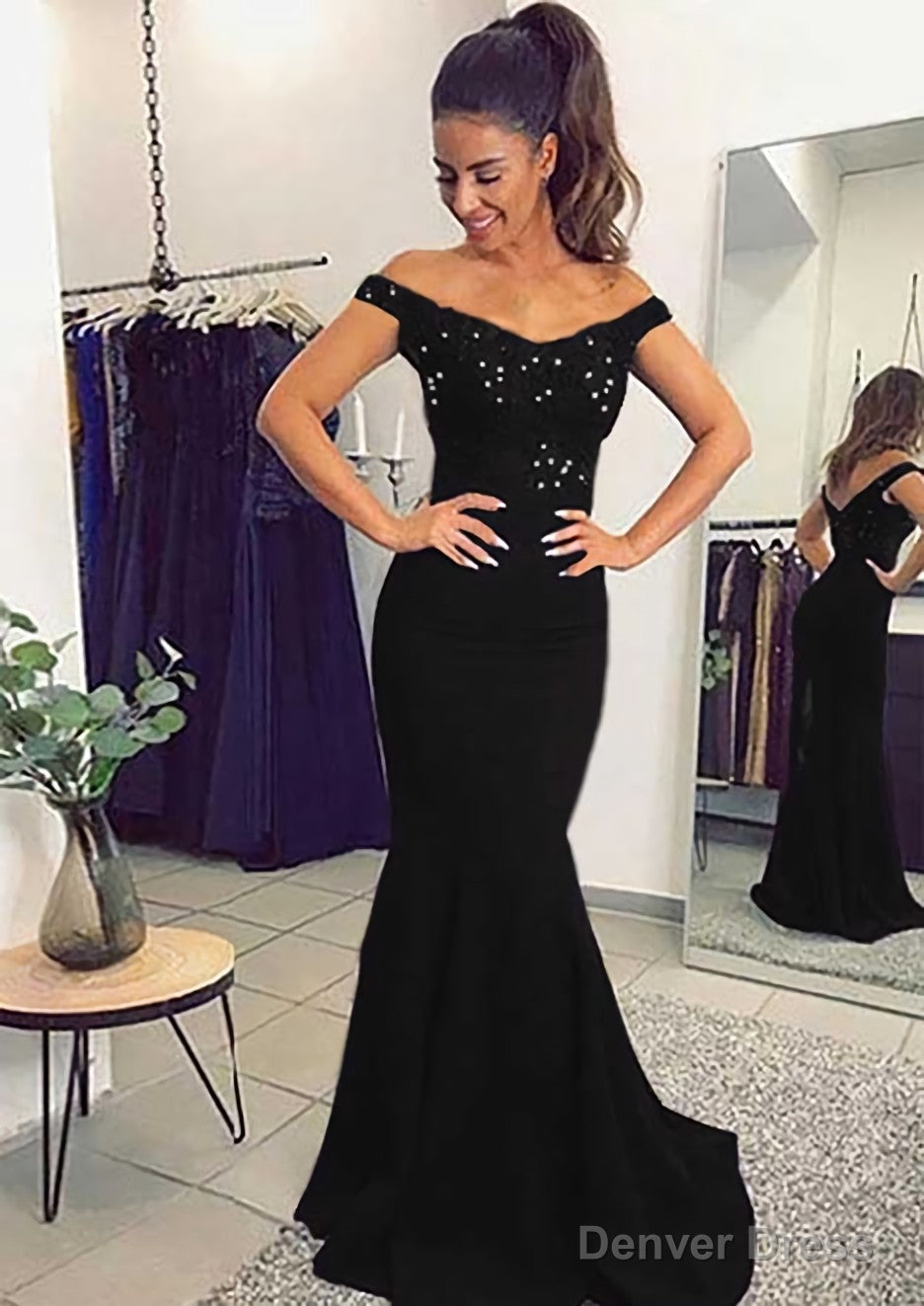 Elastic Satin Prom Dresses Trumpet Mermaid Off The Shoulder Sweep Train With Lace