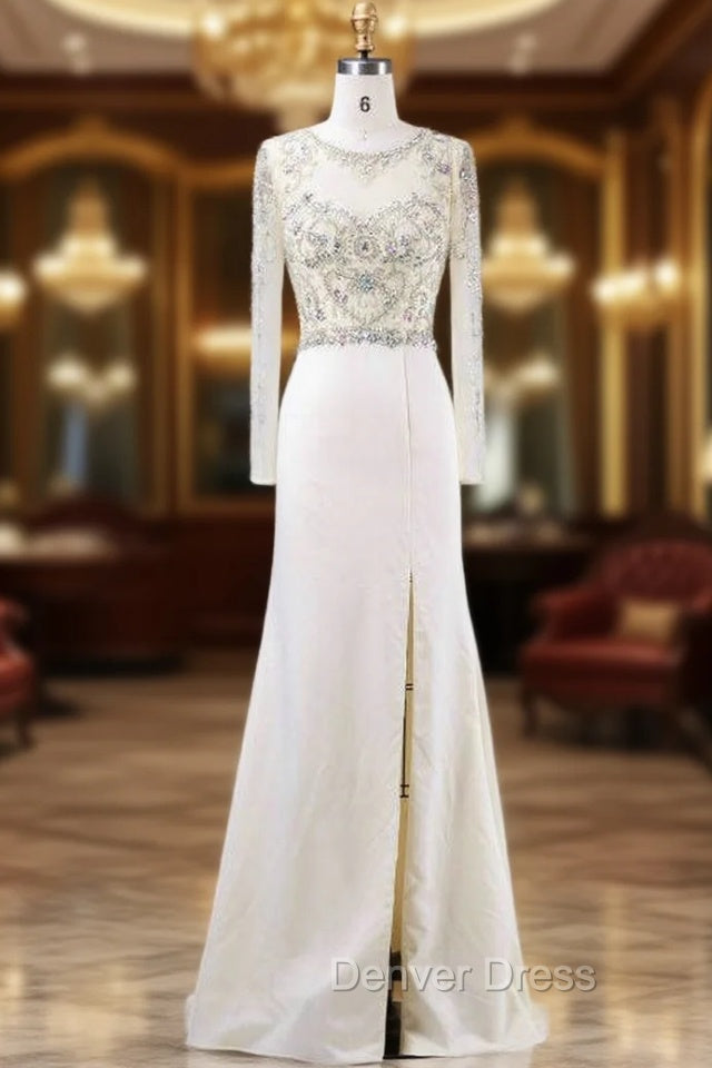 Elegance Mother of the Bride Dresses Elegant With Crystal Beading Scoop Neck Long Sleeves