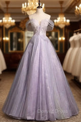 Elegance Purple Tulle Off the Shoulder Beading Prom Dresses