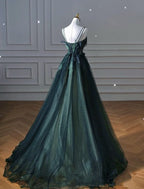 Elegant A Line Dark Green Tulle Long Prom Dresses