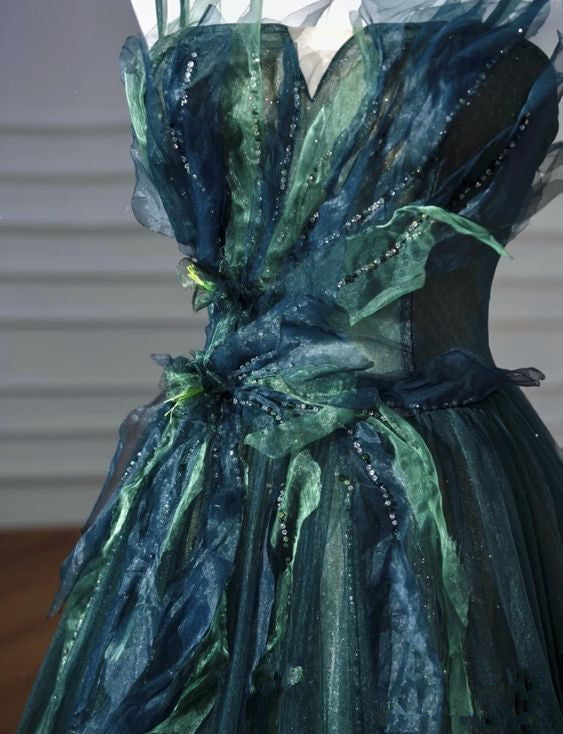 Elegant A Line Dark Green Tulle Long Prom Dresses