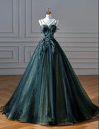 Elegant A Line Dark Green Tulle Long Prom Dresses