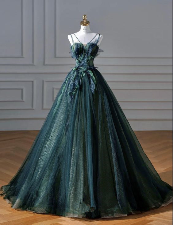 Elegant A Line Dark Green Tulle Long Prom Dresses
