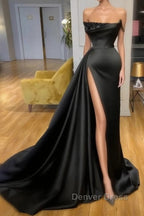 Elegant A-line Graduation Dresses Long Black Prom Dresses With Split Online