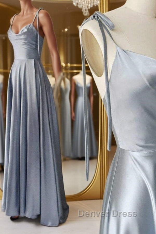 Elegant A Line Gray Satin Long Prom Dress, Gray Prom Graduation Prom Dresses Main image