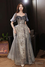 Elegant A Line Grey Tulle Short Sleeves Long Prom Dress, Grey Prom Dresses