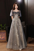 Elegant A Line Grey Tulle Short Sleeves Long Prom Dress, Grey Prom Dresses