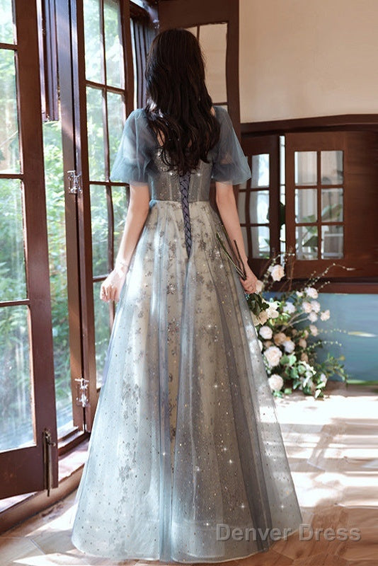 Elegant A Line Grey Tulle Short Sleeves Long Prom Dress, Grey Prom Dresses