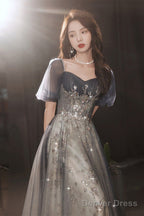Elegant A Line Grey Tulle Short Sleeves Long Prom Dress, Grey Prom Dresses