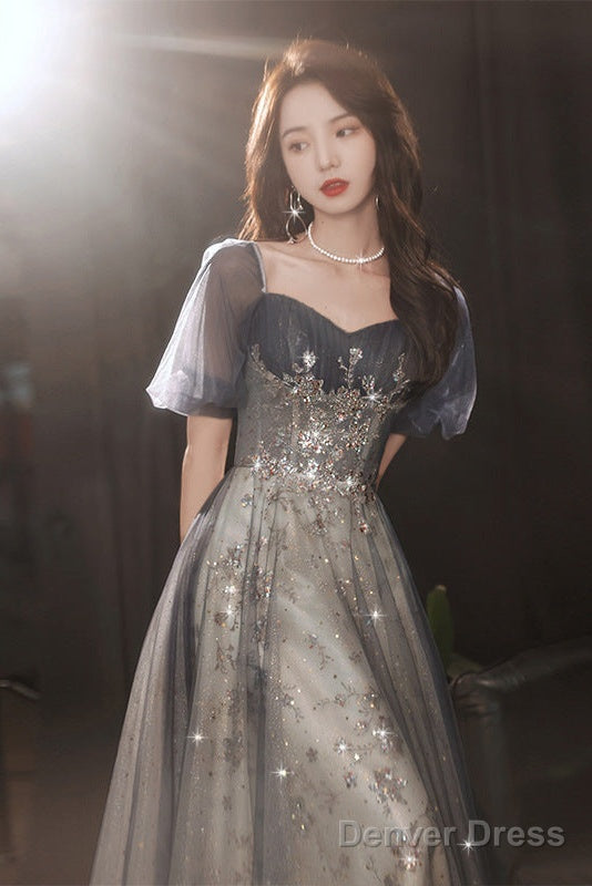 Elegant A Line Grey Tulle Short Sleeves Long Prom Dress, Grey Prom Dresses