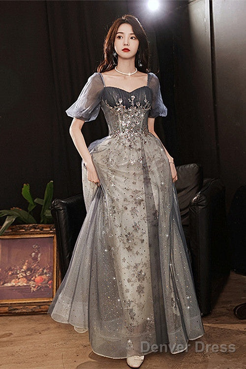 Elegant A Line Grey Tulle Short Sleeves Long Prom Dress, Grey Prom Dresses Main image