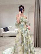 Elegant A Line Halter Chiffon Ombre Green Long Prom Dress CC1260