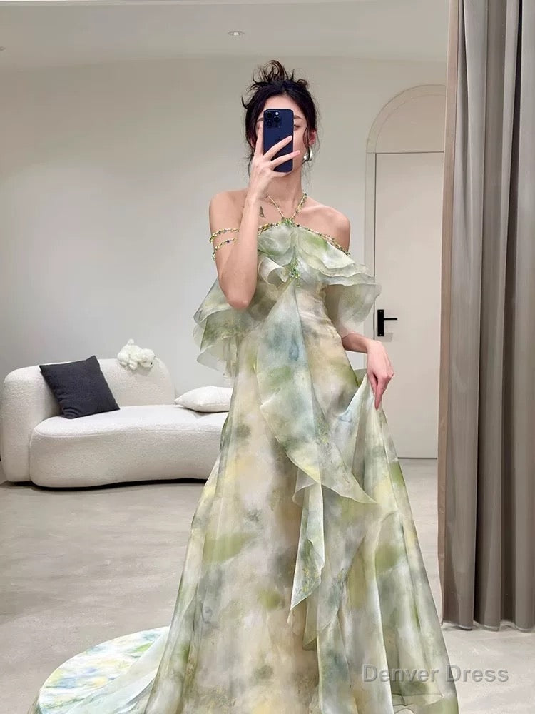 Elegant A Line Halter Chiffon Ombre Green Long Prom Dress CC1260