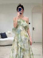 Elegant A Line Halter Chiffon Ombre Green Long Prom Dress CC1260