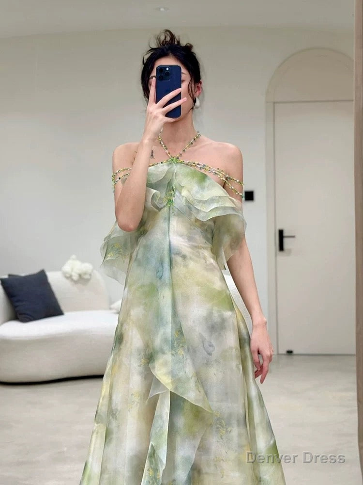 Elegant A Line Halter Chiffon Ombre Green Long Prom Dress CC1260