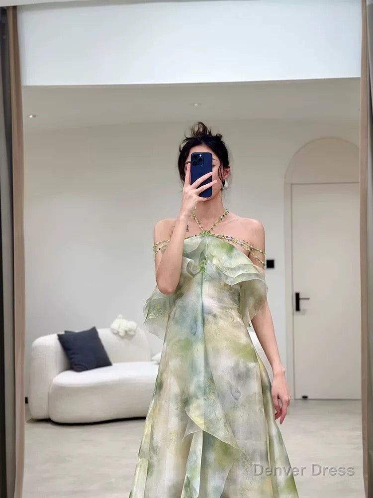 Elegant A Line Halter Chiffon Ombre Green Long Prom Dress CC1260