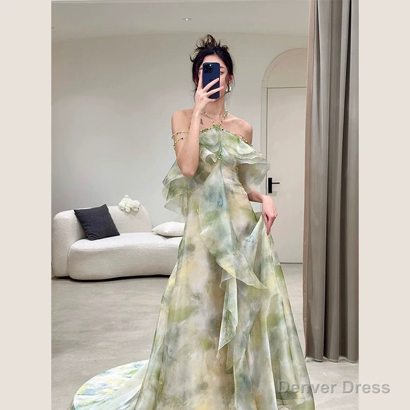 Elegant A Line Halter Chiffon Ombre Green Long Prom Dress CC1260