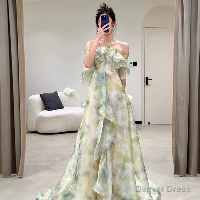 Elegant A Line Halter Chiffon Ombre Green Long Prom Dresses Evening Party Dress CC1260