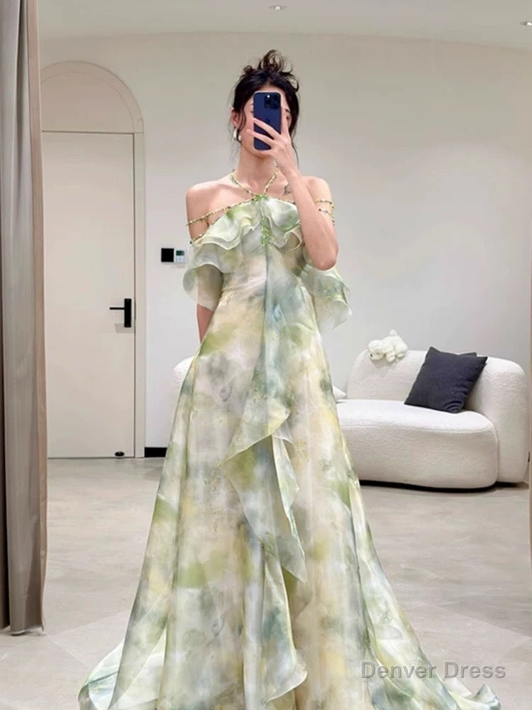 Elegant A Line Halter Chiffon Ombre Green Long Prom Dress CC1260