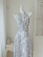 Elegant A Line Halter Lilac Floral Chiffon Long Prom Dresses Outfits