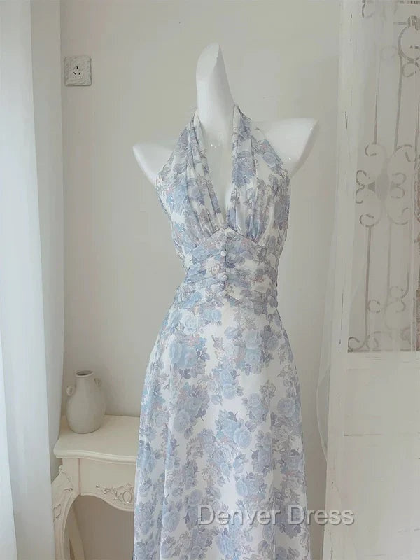 Elegant A Line Halter Lilac Floral Chiffon Long Prom Dresses Outfits