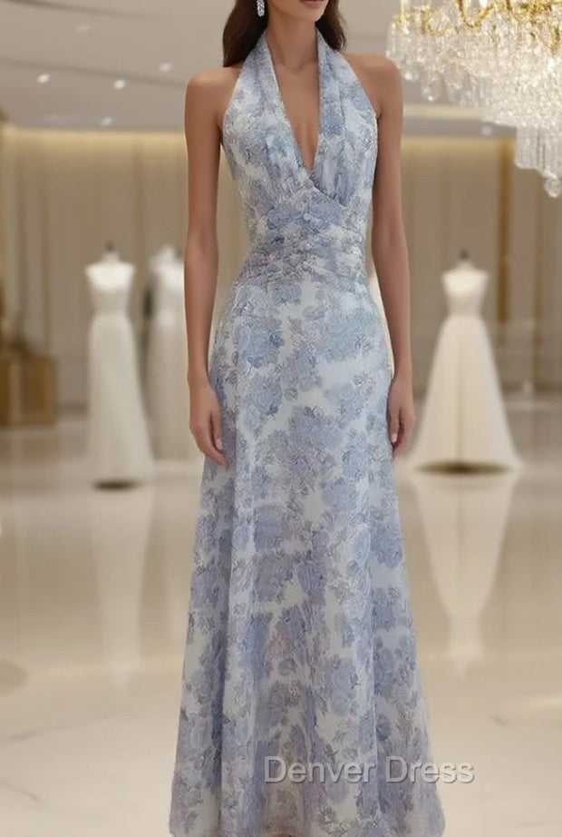Elegant A Line Halter Lilac Floral Chiffon Long Prom Dresses Outfits