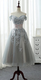 Elegant A-line Off Shoulder Lace Appliques Tea-Length Bridesmaid Dress