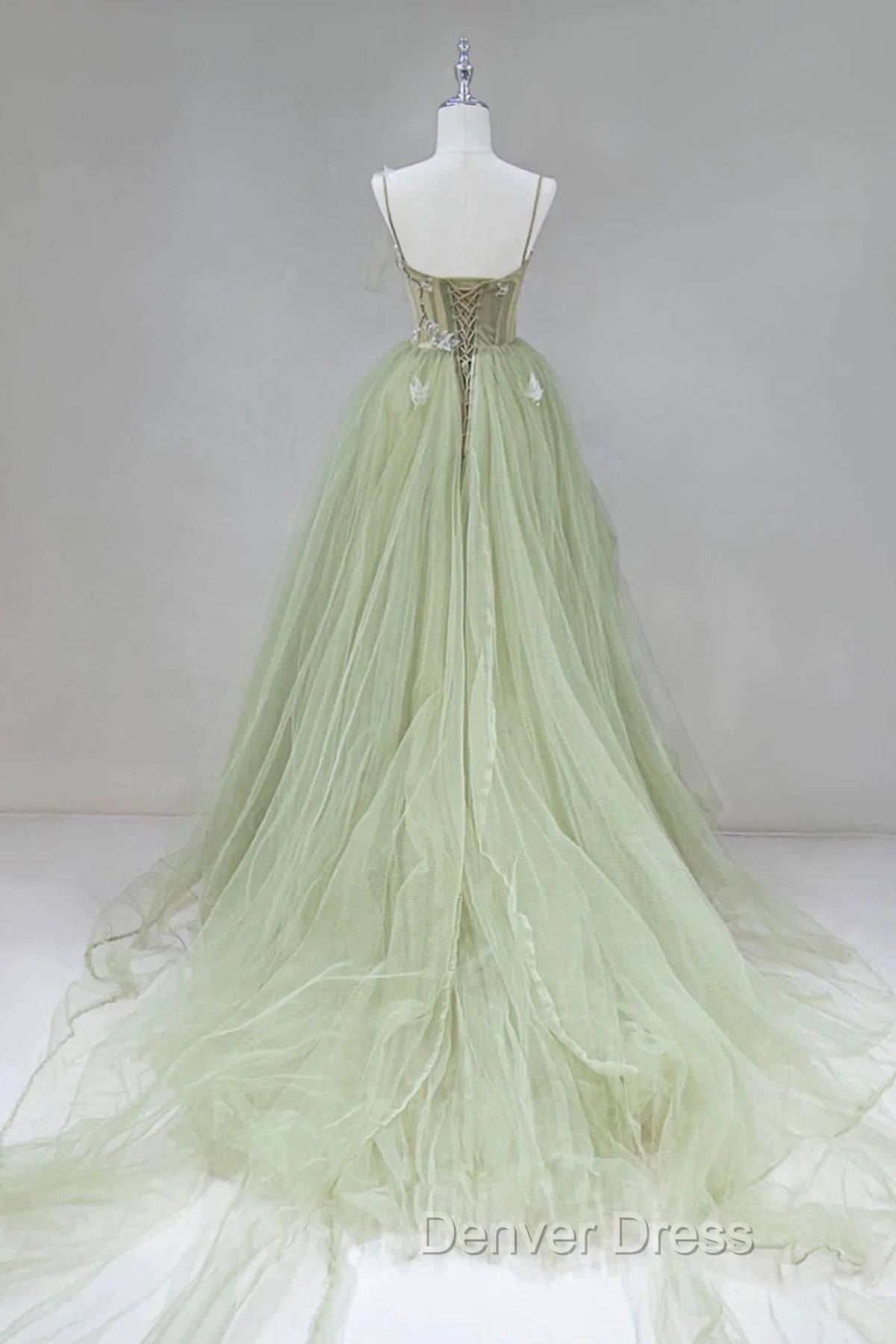 Elegant A Line Open Back Green Tulle Long Prom Dresses, Green Formal Graduation Evening Dresses