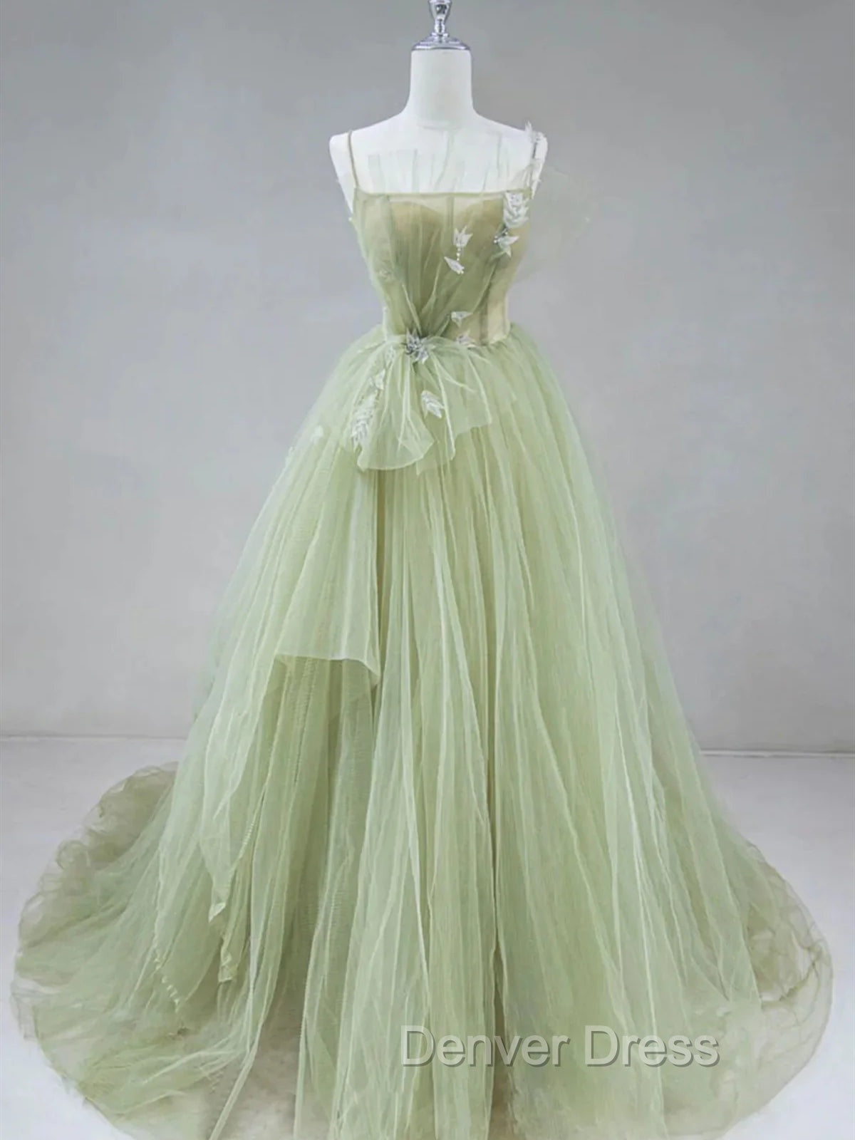 Elegant A Line Open Back Green Tulle Long Prom Dresses, Green Formal Graduation Evening Dresses Secondary image