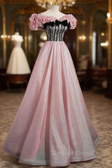 Elegant A-line Pink Off Shoulder Long Evening Dresses, Pink with Black Lace Long Prom Dresses