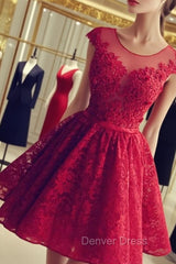 Elegant A-Line Prom Homecoming Dresses Jewel Short Back Lace Applique
