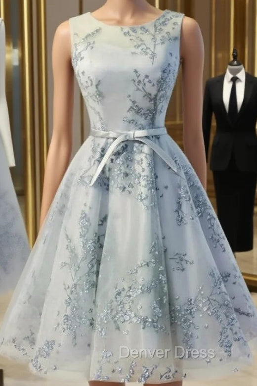 Elegant A Line Scoop Sleeveless Open Back Silver Tulle Short Homecoming Dresses