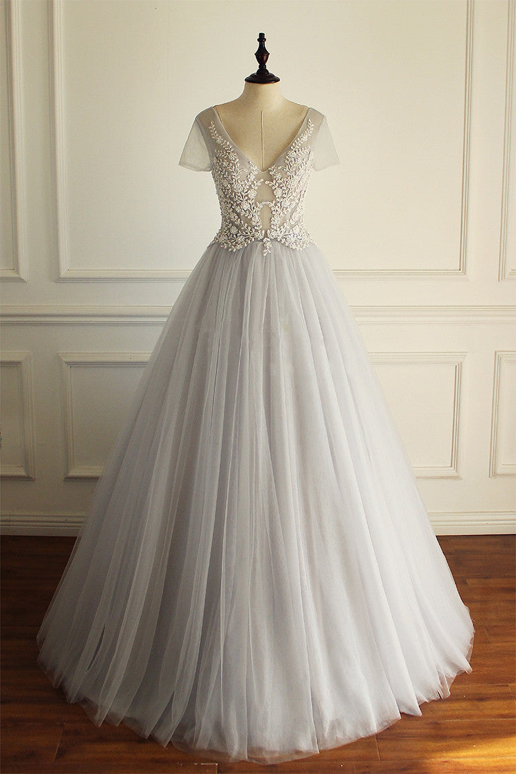 Elegant A-line Short Illusion Sleeve Appliques Rhinestone Lace Up Back Floor Length Wedding Dress Secondary image