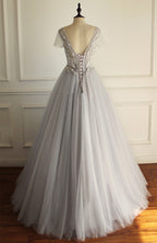 Elegant A-line Short Illusion Sleeve Appliques Rhinestone Lace Up Back Floor Length Wedding Dress