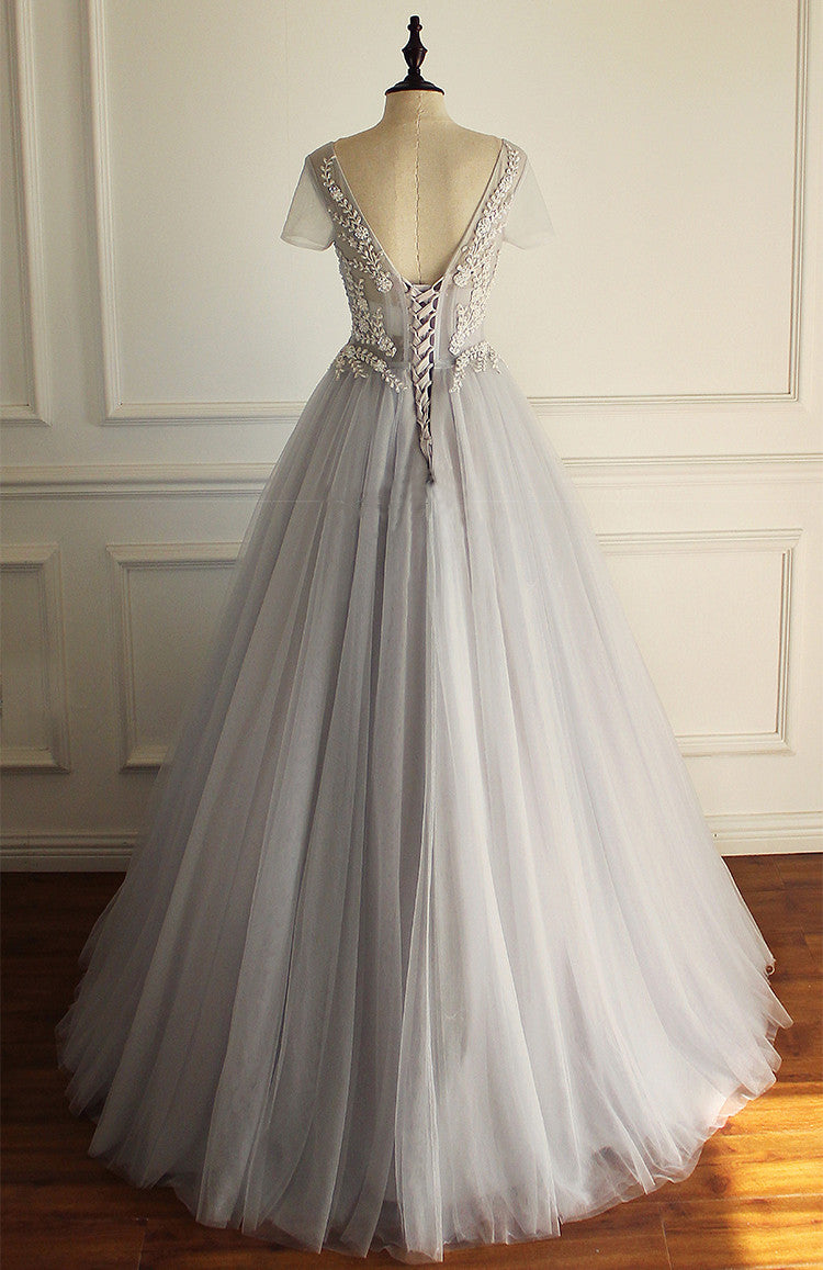 Elegant A-line Short Illusion Sleeve Appliques Rhinestone Lace Up Back Floor Length Wedding Dress