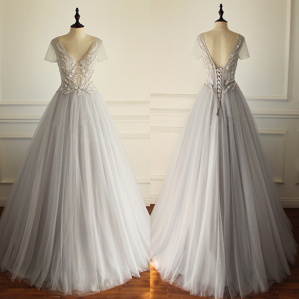 Elegant A-line Short Illusion Sleeve Appliques Rhinestone Lace Up Back Floor Length Wedding Dress