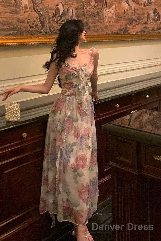 Elegant A Line Spaghetti Straps Pink Floral Prom Dresses Birthday Outfits Prom Gowns