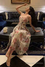 Elegant A Line Spaghetti Straps Pink Floral Prom Dresses Birthday Outfits Prom Gowns