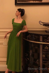 Elegant A Line Square Neckline Green Long Prom Dresses Birthday Outfits Evening Gown