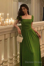 Elegant A Line Square Neckline Green Long Prom Dresses Birthday Outfits Prom Gowns