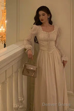Elegant A Line Square Neckline Long Sleeves White Chiffon Prom Dresses Birthday Outfits Prom Gowns