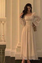 Elegant A Line Square Neckline Long Sleeves White Chiffon Prom Dresses Birthday Outfits Prom Gowns