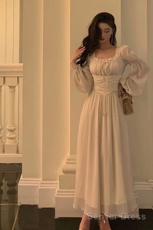 Elegant A Line Square Neckline Long Sleeves White Chiffon Prom Dresses Birthday Outfits Prom Gowns