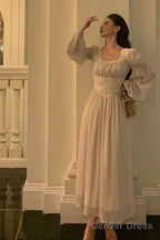 Elegant A Line Square Neckline Long Sleeves White Chiffon Prom Dresses Birthday Outfits Prom Gowns
