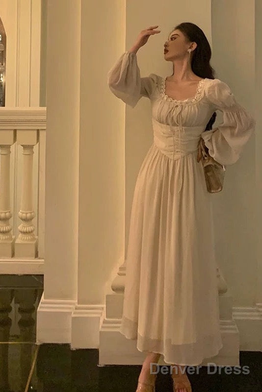 Elegant A Line Square Neckline Long Sleeves White Chiffon Prom Dresses Birthday Outfits Prom Gowns
