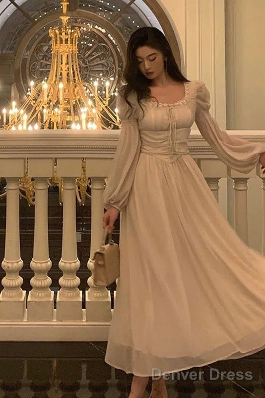 Elegant A Line Square Neckline Long Sleeves White Chiffon Prom Dresses Birthday Outfits Prom Gowns