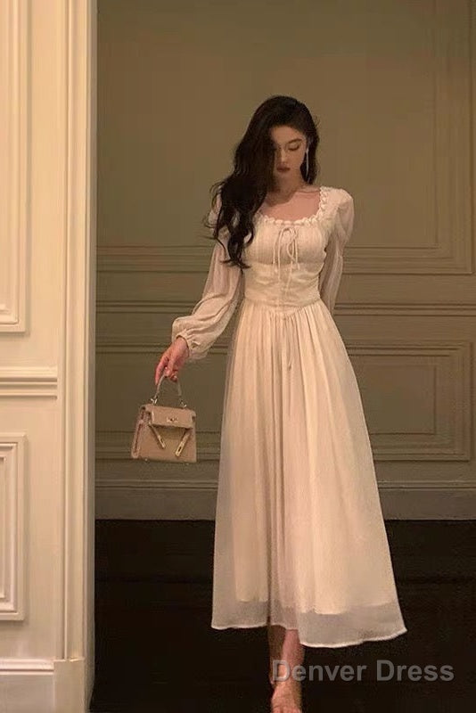 Elegant A Line Square Neckline Long Sleeves White Chiffon Prom Dresses Birthday Outfits Prom Gowns